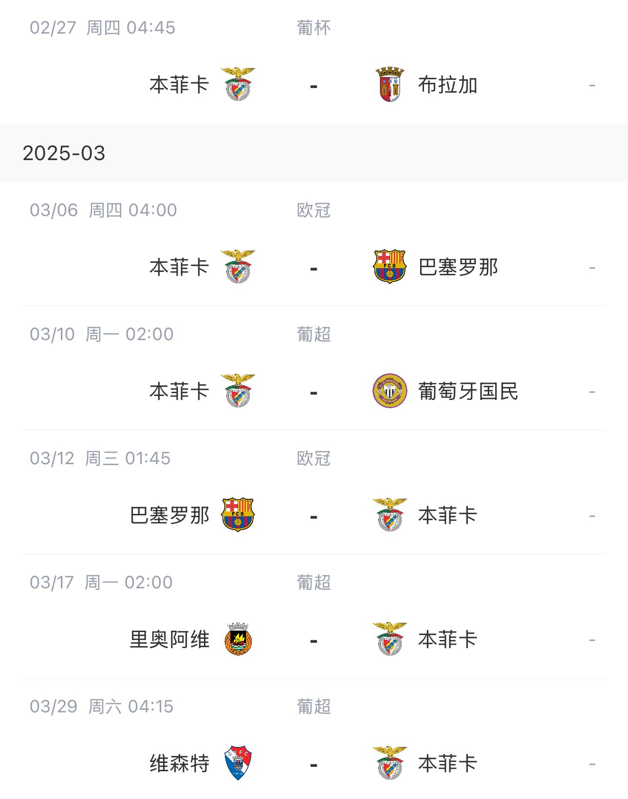 讓路歐冠！本菲卡戰(zhàn)巴薩首回合比賽前的葡超比賽推遲進(jìn)行
